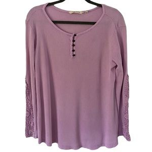 Soft Surroundings Maggie Waffle‎ Knit Lilac Lace Henley Long Sleeve Top Small